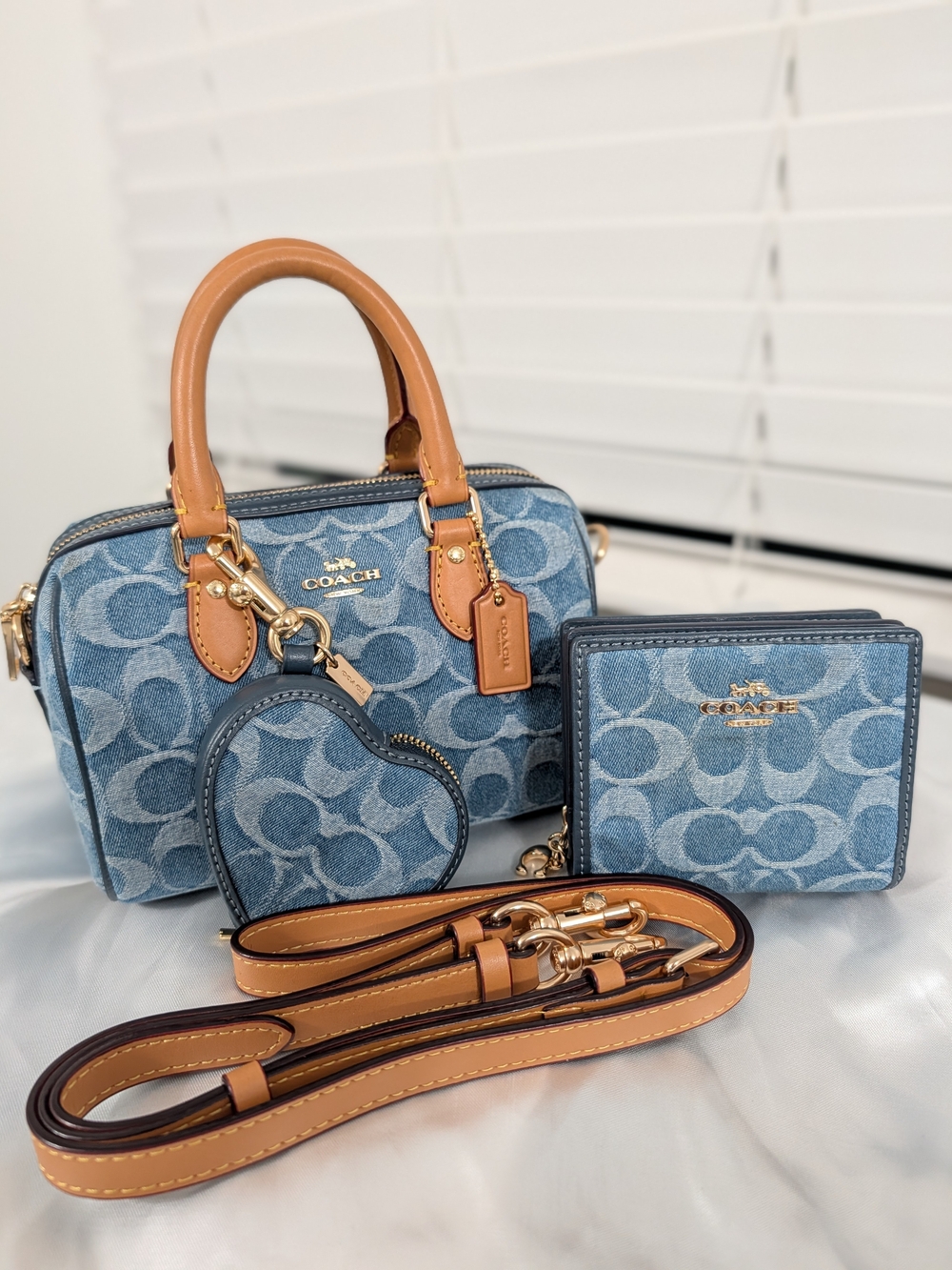Coach Mini Rowan Crossbody Bag Signature Denim 3PC Set Wallet Heart Charm NWOT